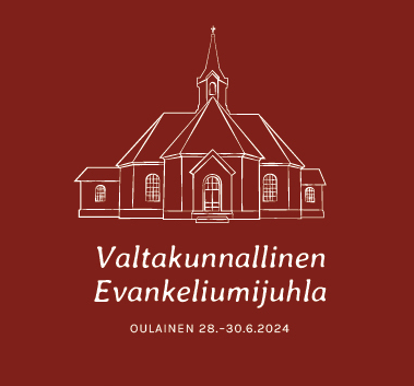 Oulainen valtakunnallinen evankeliumijuhla kesällä 2024 logo, jossa punaisella pohjalla kirkon kuva