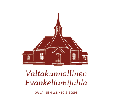 Valkoisella taustalla Oulaisten kirkon logo, tekstinä valtakunnallinen evankeliumijuhla 28. - 30.6.2024