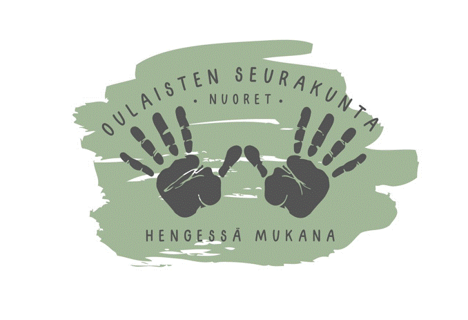 Oulaisten seurakuntanuorten logo, jossa kaksi kättä vihreällä pohjalla